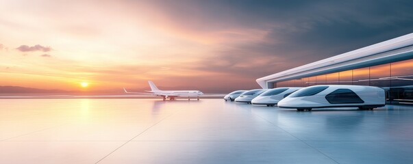 Obraz premium Futuristic airport with sleek vehicles at sunset.