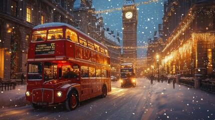 A Snowy London Christmas Eve featuring a Classic Red Double Decker Bus