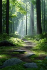 Naklejka premium A forest path with sunlight shining through the trees. The path is lined with rocks and there are trees on both sides
