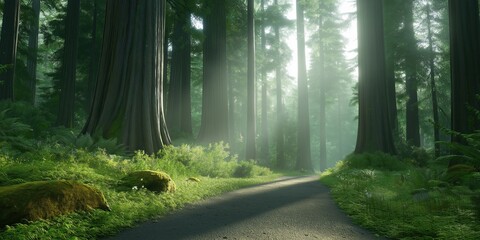 Fototapeta premium A forest path with sunlight shining through the trees. The path is surrounded by tall trees and the grass is lush and green. Scene is peaceful and serene, as if one is walking through a quiet