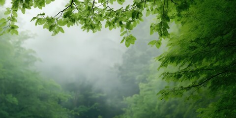 Fototapeta premium A forest with a misty sky and a tree with leaves. The leaves are green and the sky is cloudy