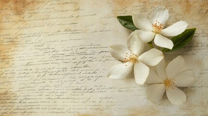 Close up of a jasmine flower on an aged paper background with vintage handwriting