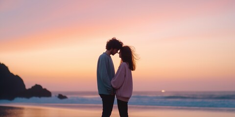 Fototapeta premium A couple standing on a beach at sunset, holding hands. Scene is romantic and peaceful
