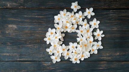 Obraz premium Cluster of jasmine flowers arranged in a spiral pattern, isolated on a dark wood surface