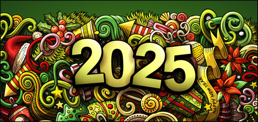 2025 doodles illustration. New Year objects and elements design. Creative cartoon holidays funny background
