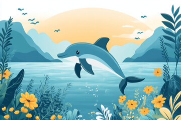 Obraz premium A Happy Dolphin Leaps Over Ocean Flowers and Mountains