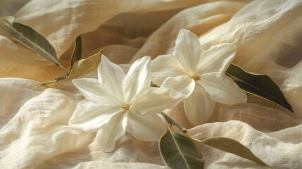 Fototapeta premium Jasmine flower and dried leaves arranged on a linen cloth, with a vintage look and soft lighting