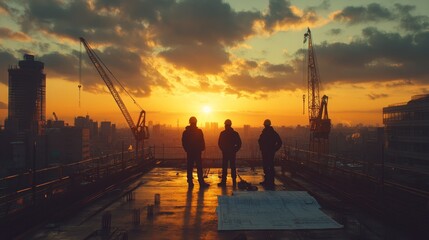 Fototapeta premium Three construction workers silhouetted against a vibrant sunset cityscape, observing blueprints on a rooftop.