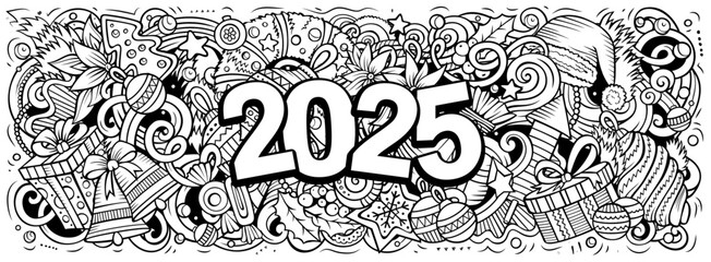 2025 doodles illustration. New Year objects and elements design. Line art cartoon holidays funny background