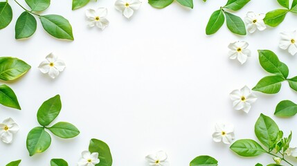 Jasmine flowers and green leaves arranged in a circle, isolated on a clean white background