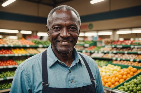 Close portrait of a smiling senior Kenyan male grocer standing and looking at the camera, Kenyan grocery store blurred background