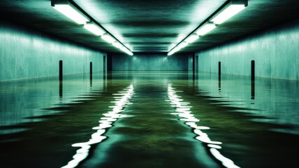 Fototapeta premium Flooded underground space with reflective water.