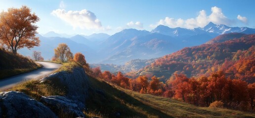 Fototapeta premium Winding road through autumnal mountain landscape.