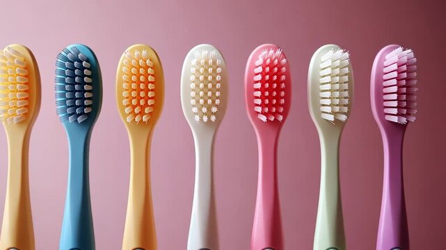 A row of toothbrushes with different colors and sizes