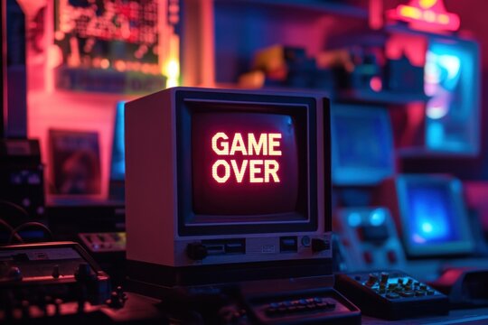 Vintage computer displaying game over message in retro room