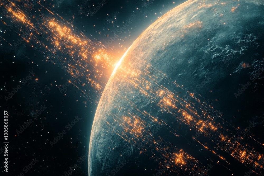 Poster futuristic planet with advanced technology and glowing data streams in the dark cosmos exploration