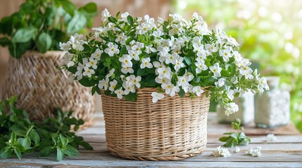 Rustic setup with jasmine flowers in a woven basket, placed on a wooden table with herbs