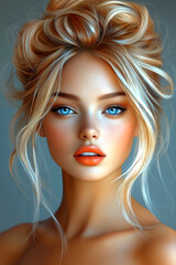 Fototapeta premium A woman with blonde hair and blue eyes is wearing orange lipstick. She has a very pretty and attractive face