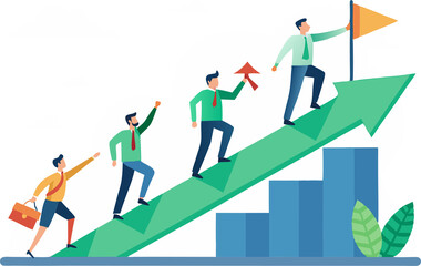 Fototapeta premium team climbing growth arrow with flag on transparent background.