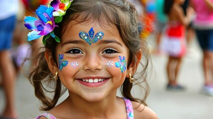 A young girl smiles broadly, adorned with sparkly blue face paint in floral patterns and a colorful flower crown