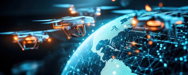 Obraz premium Drones flying above a digital globe.