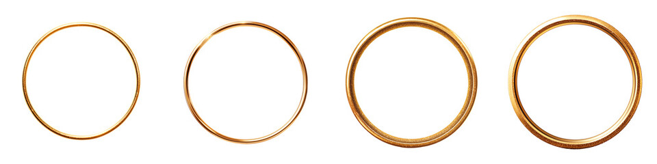 Four golden rings arranged in a row on a white isolated background. transparent background