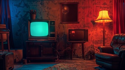 Retro living room with vintage TVs bathed in contrasting neon blue and red lights, creating a nostalgic cinematic atmosphere with moody shadows