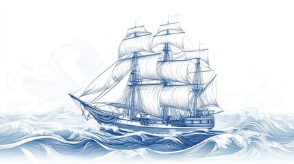 A three masted sailing ship navigates rough ocean waves