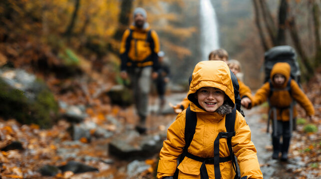 Family on an autumn trip in a national park near waterfalls. Hiking