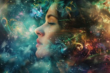 Woman dreaming connecting with the universe feeling spirituality and universe energy
