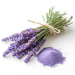 Lavender and a bunch of lavender powder on table on white background, front view