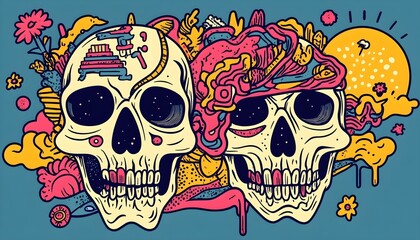 Fototapeta premium Ilustración de una calavera sobre un skate en movimiento, con detalles llamativos y estilo creativo, ideal para conceptos urbanos y juveniles.