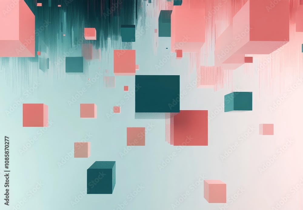 Poster minimalist abstract animation featuring floating cubes and simple shapes in muted teal and pink