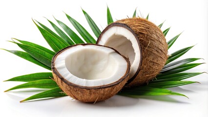 Coconut fruit with halves and green leaf on white background