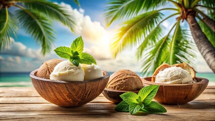 Obraz premium Coconut ice cream scoops in a coconut shell with fresh mint leaves on top