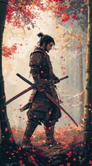 A Samurai Stands Pensively Amidst Autumn Leaves