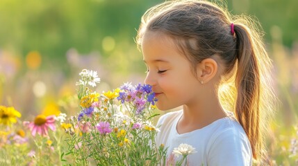 A girl delights in the scent of wildflowers, surrounded by a vibrant field of colorful blooms under warm sunlight.