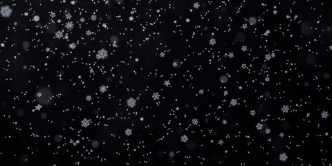 Obraz premium Falling snowflakes on black background for winter theme, snow, atmospheric
