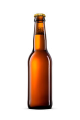 Amber small glass longneck bottle of beer with a gold crown cap isolated. Transparent PNG image.