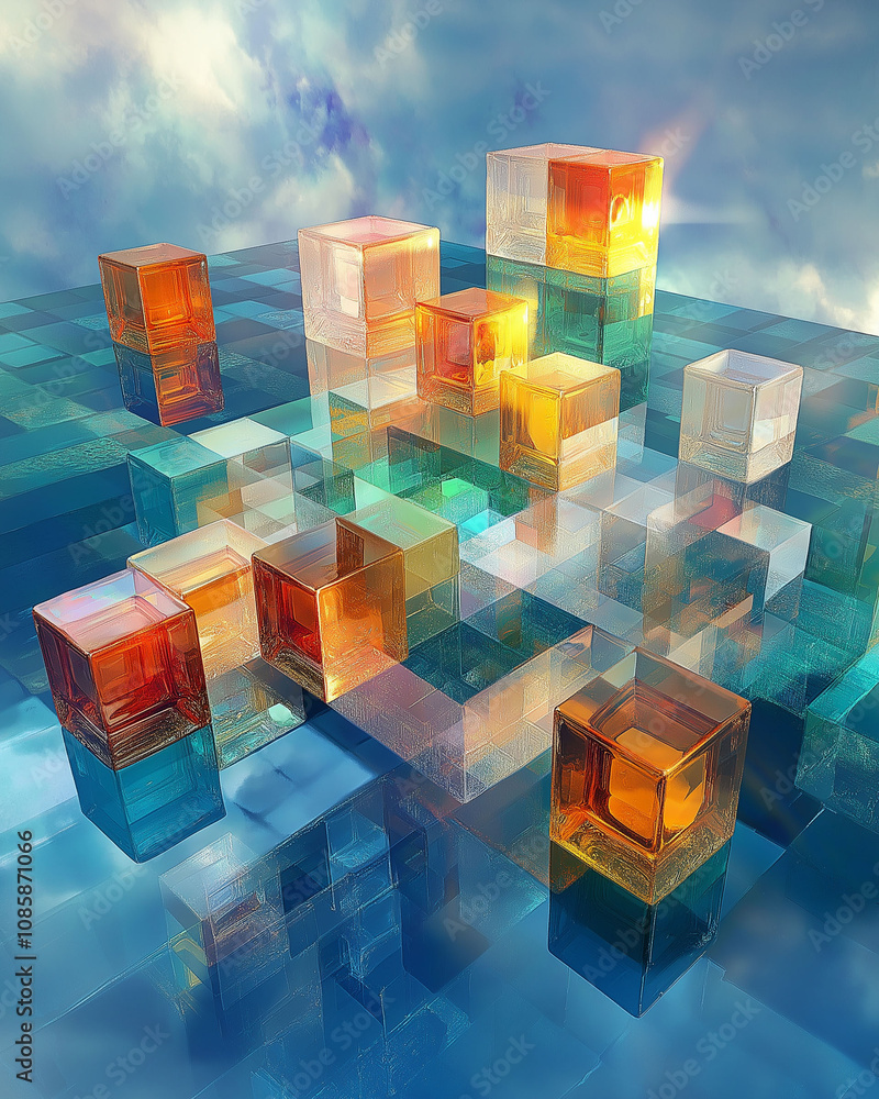 Aufkleber a vibrant digital landscape featuring translucent cubes in various colors, reflecting light and crea