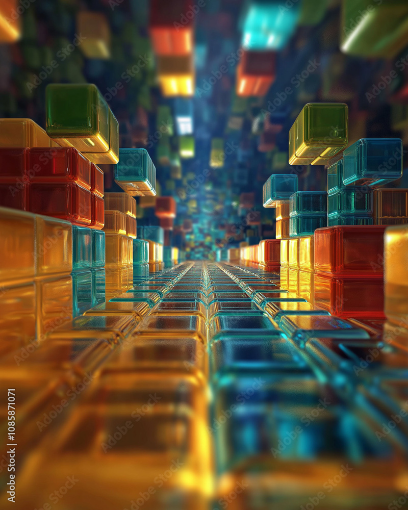 Poster a vibrant digital landscape of colorful, translucent blocks creating a mesmerizing tunnel effect, ev