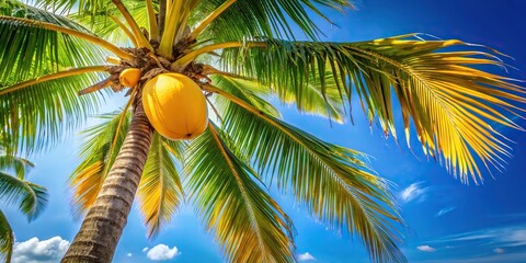 Fototapeta premium Coconut tree with yellow coconut against blue and clear sky