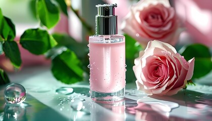 A bottle of moisturizing lotion on the bathroom table and roses