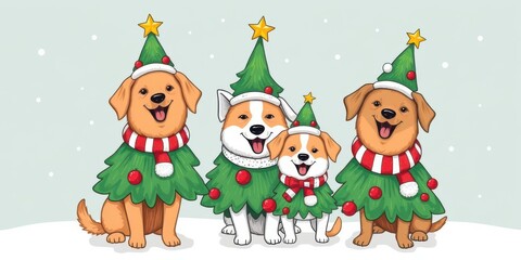 Fototapeta premium Fun and whimsical hand-drawn vector illustrations of happy dogs in Christmas tree costumes for festive holiday celebration, cartoon, merry