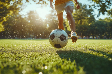 close-up of A skilled footballer kicking a classic soccer ball on a lush green grass field, with the ball in mid-air and a vibrant soccer football background.