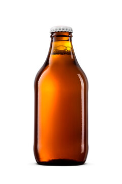 Amber small glass stubby bottle of beer with a gold crown cap isolated. Transparent PNG image.