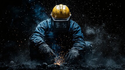 Fototapeta premium Welder crouching, sparks flying, dark background.