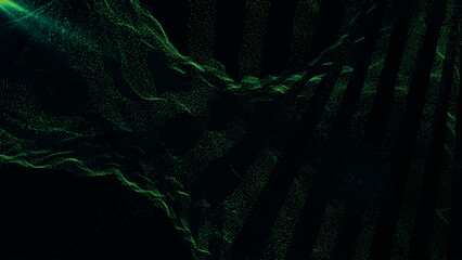 Futuristic point wave of particles. Visualization of sound waves. Dark background. Technology or science banner. Abstract digital 3D wave. Vector illustration.