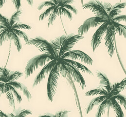 Calm palm tree pattern in dark green on a beige background, seamless pattern for fabric