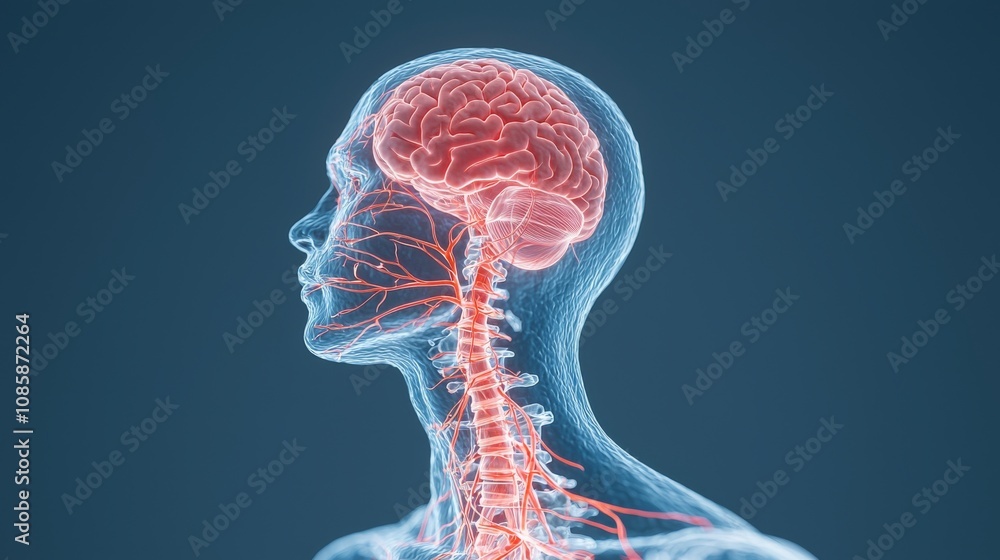 Aufkleber a digital rendering of a human silhouette highlighting the brain and spinal cord with vibrant neural